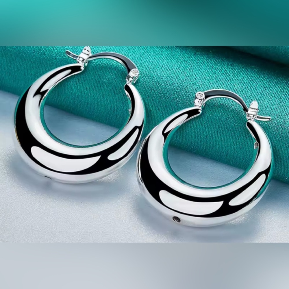 925 Sterling Silver Round thick chunky Classic Hoop earrings 1” - Picture 3 of 4